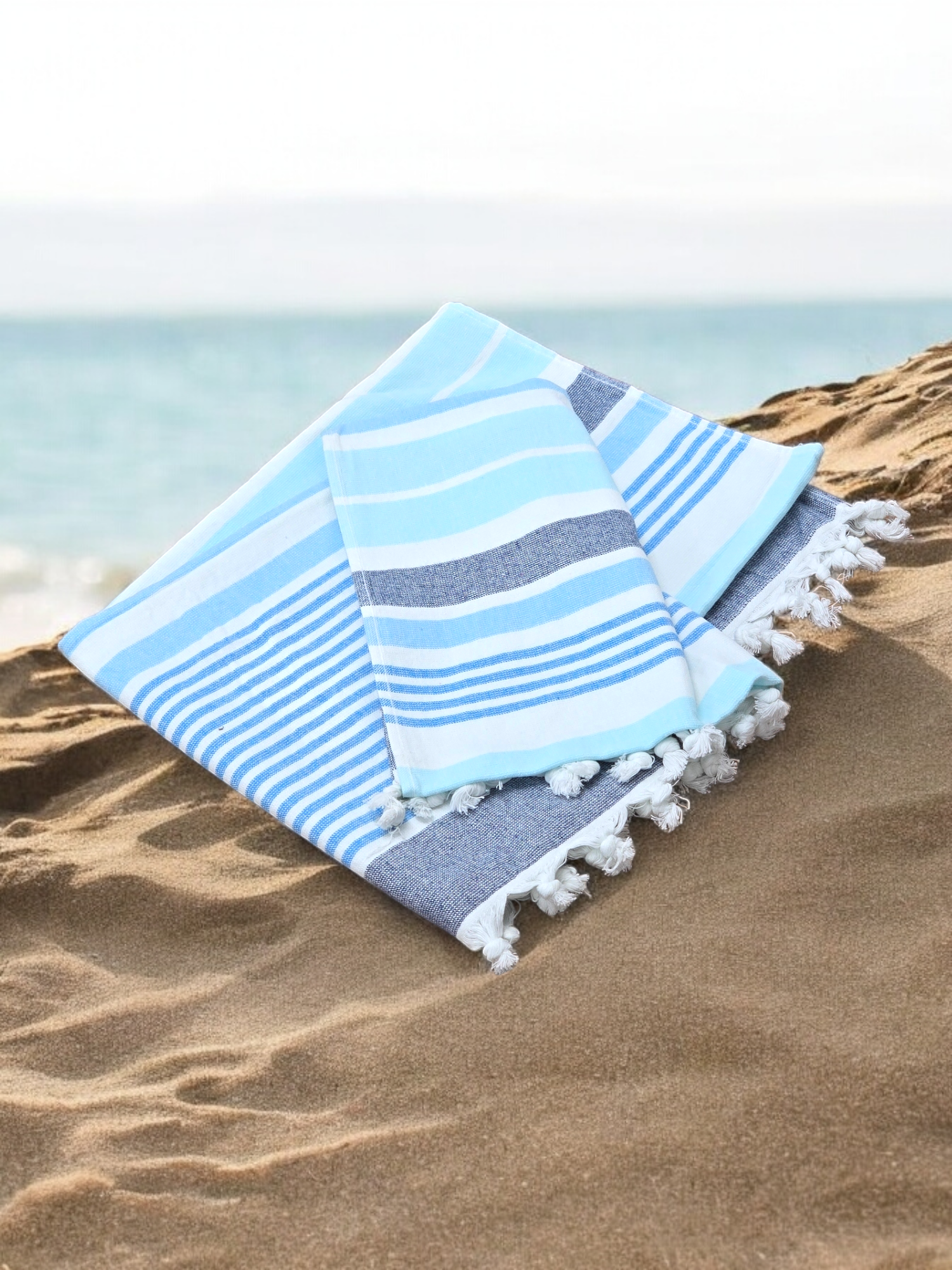 Blue Cotton Hammam Beach Towel with Tassels