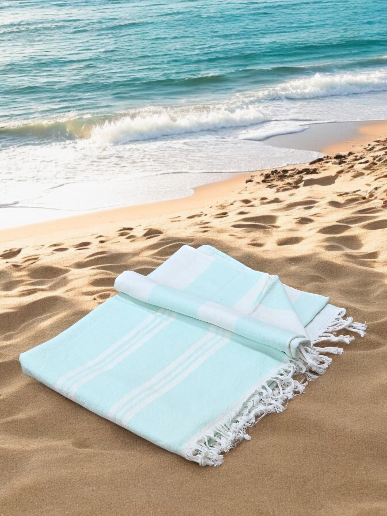 Aqua Cotton Hammam Beach Towel with Tassels